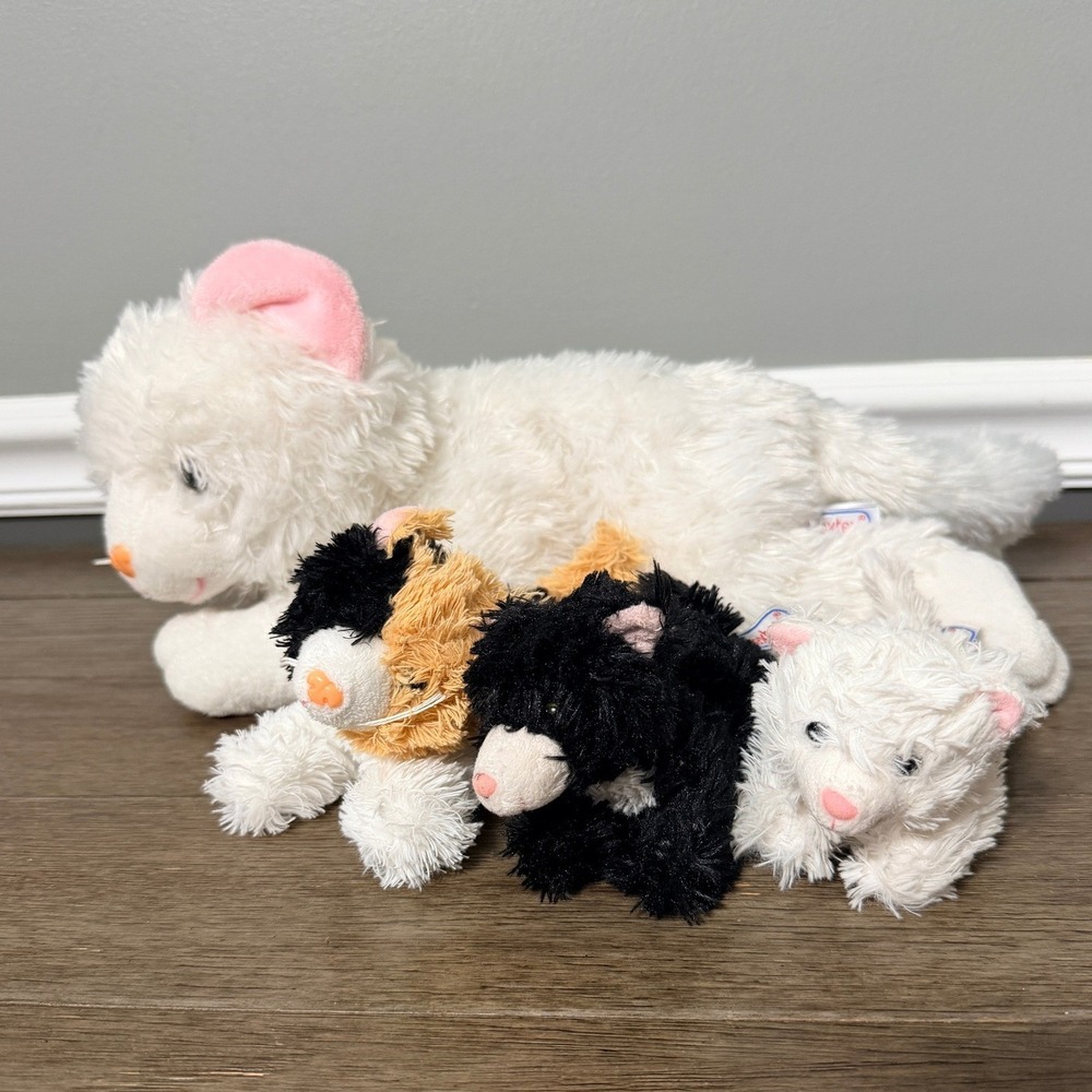 Prextex White Cat Plush with 3 Kittens in Belly Stuffed Animal Set
